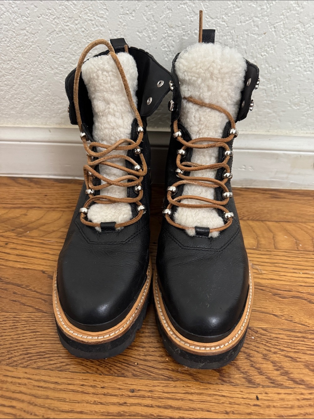 Marc Fisher Black Leather Lace-Up Combat Boots with Cream Sherpa